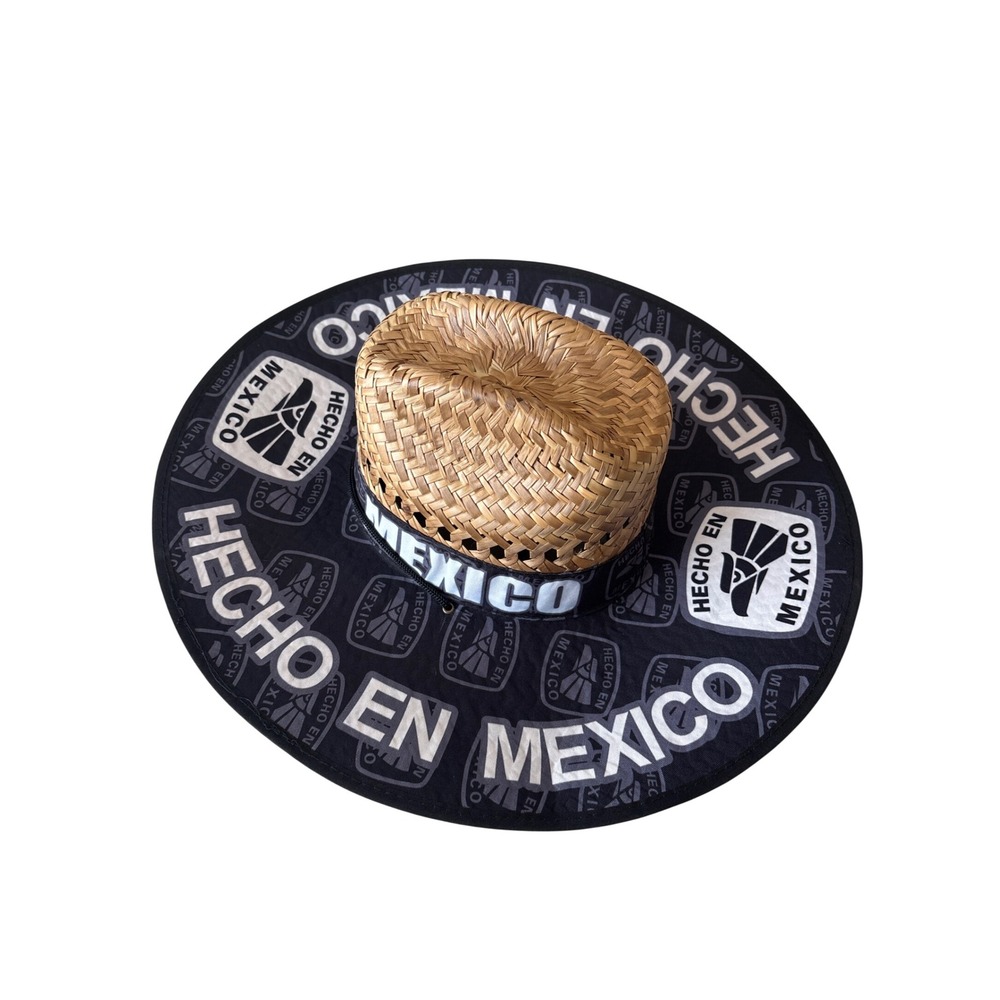 Hecho en Mexico Straw Lifeguard Sun Hat Wide Brim Eagle Logo Tan Black One Size - Picture 2 of 11